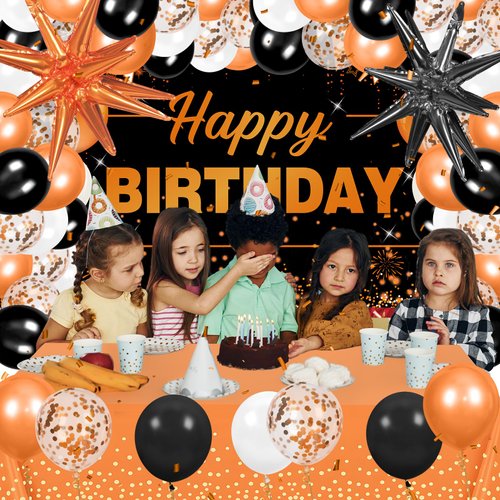 62pcs Orange Birthday Decorations Orange Black Happy Birthday Banner Balloons Arch Kit Star Foil Balloons Orange Birthday Backdrop Tablecloth Halloween Birthday Party Decoration Supplies for Women Men