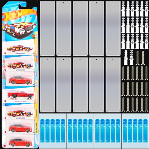 RattanView 10 Pcs Model Car Display Cases Wall Mount Holds Up to 100 Cars Compatible with Hot Wheels Toy Car Organizer Diecast Blister Car Display Shelf for Packaged Small Wheels Storage (16.7 x 4.4)