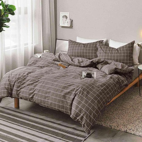 Nanko Grid Duvet Cover Twin Set, 2 Pieces 1200 TC Luxury Microfiber Down Comforter Quilt Cover with Zipper Closure, Ties - Grey Modern Bedding for Men Teen Seniors, Plaid Gray Brown