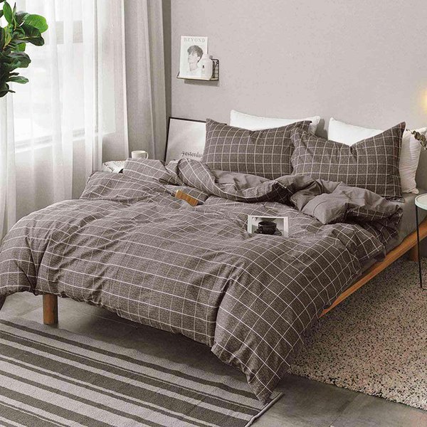 Nanko Grid Duvet Cover Twin Set, 2 Pieces 1200 TC Luxury Microfiber Down Comforter Quilt Cover with Zipper Closure, Ties - Grey Modern Bedding for Men Teen Seniors, Plaid Gray Brown