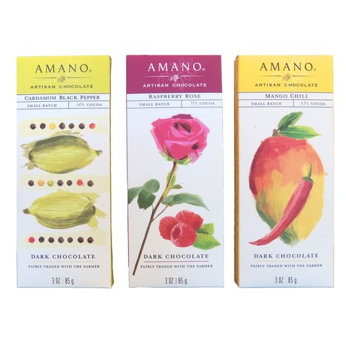 Amano Artisan Flavored Dark Chocolate Bar Variety Trio - Cardamom Black Pepper, Raspberry Rose, & Mango Chili - 3 Bars, 3 Ounces Per Bar - International Chocolate Awards Winners!