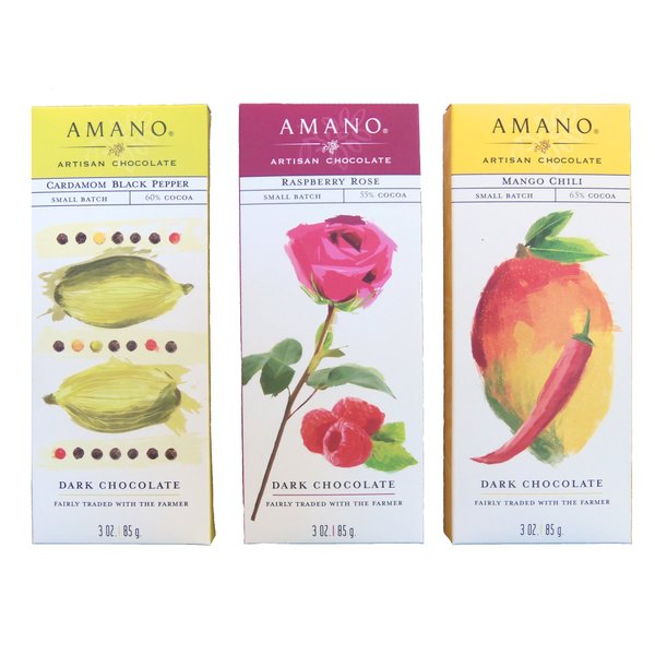 Amano Artisan Flavored Dark Chocolate Bar Variety Trio - Cardamom Black Pepper, Raspberry Rose, & Mango Chili - 3 Bars, 3 Ounces Per Bar - International Chocolate Awards Winners!