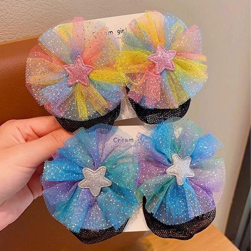 AsggBah 4pcs (2Pairs) Hair Alligator Clips with Colored Bows & Bun Covers for Girls Hair Net Accessories for Little Girls