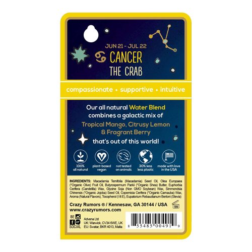 Crazy Rumors Cancer Zodiac All Natural, Plant Based Lip Balm to Moisturize and Nourish your Lips - Water Blend (Tropical Mango, Citrus Lemon, and Fragrant Berry)