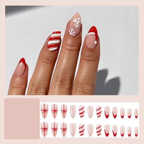Christmas Press On Nails Medium Almond Fake Nails French Tip Christmas Nails Press Ons With Snowflake Stripe Designs Full Cover False Nails Acrylic Glue On Nails Stick On Nails For Women