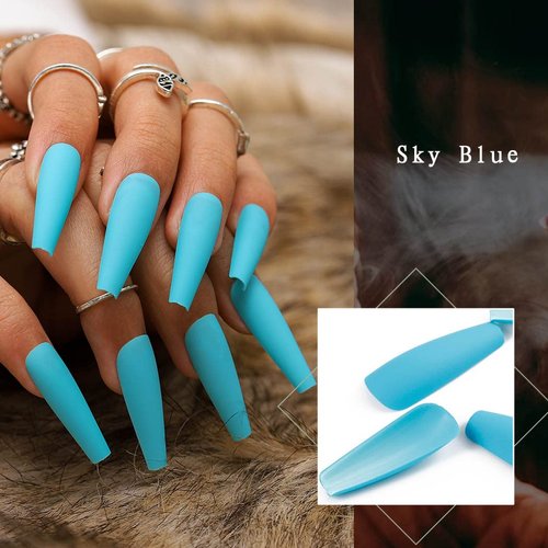 Uranian Coffin Extra Long Press on Nails Blue Ballerina Fake Nails Matte Halloween Full Cover False Nails Acrylic Nails for Women and Girls(24pcs) (Sky blue)