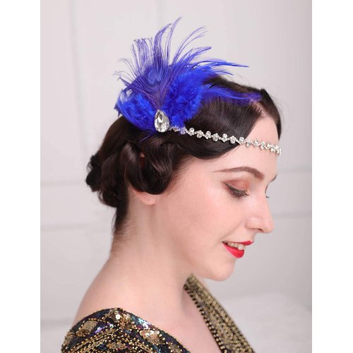 Aimimier Bridal 1920s Flapper Feather Headband Royal Blue Feather Hair Clip with Crystal Head Chain Roaring 20s Headpiece Accessories for Women and Girls