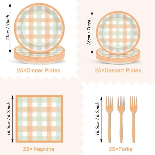 100PCS Thanksgiving Tableware Set Party Decorations Plaid Plates Napkins Forks Dinnerware Set for 25 Guests Disposable Thanksgiving Theme Dinner Plates Full Party Supplies Happy Harvest Dessert Plates