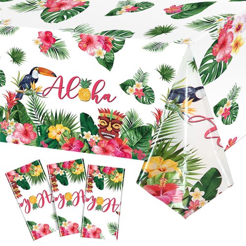 Breling Hawaiian Luau Tablecloths, 108 x 54 in Luau Decorationtropical Palm Leaves Table Cloth Hawaii Disposable Plastic Rectangular Table Cover Tiki Party Supplies for Birthday Summer Kid(3 Pack)