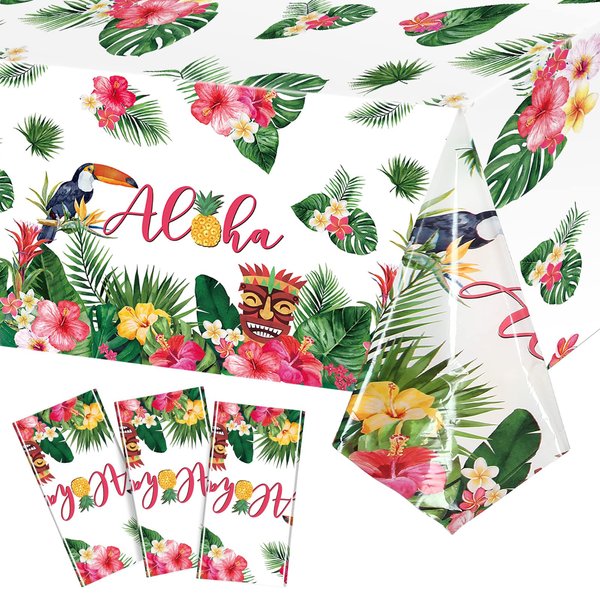 Breling Hawaiian Luau Tablecloths, 108 x 54 in Luau Decorationtropical Palm Leaves Table Cloth Hawaii Disposable Plastic Rectangular Table Cover Tiki Party Supplies for Birthday Summer Kid(3 Pack)