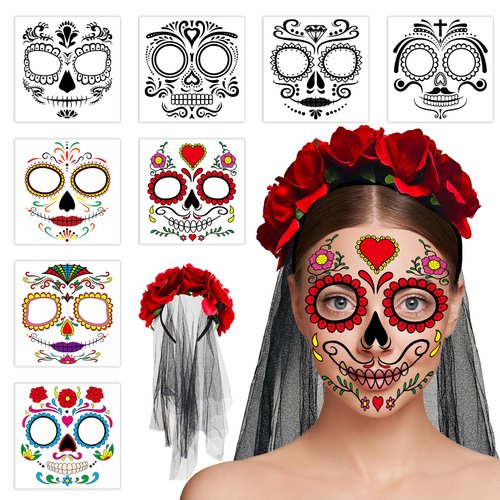 Halloween Face Tattoos Day of the Dead Face Temporary Tattoos for Women Halloween Sugar Skull Face Tattoo Stickers with Red Rose Flower Crown Headband Veil