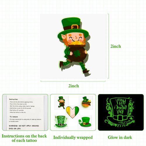 St. Patrick’s Day Temporary Tattoos- 144PCS Glow In Dark Individually Wrapped Shamrock Stickers- Saint Pattys Irish Kid’s Party Favors Accessories