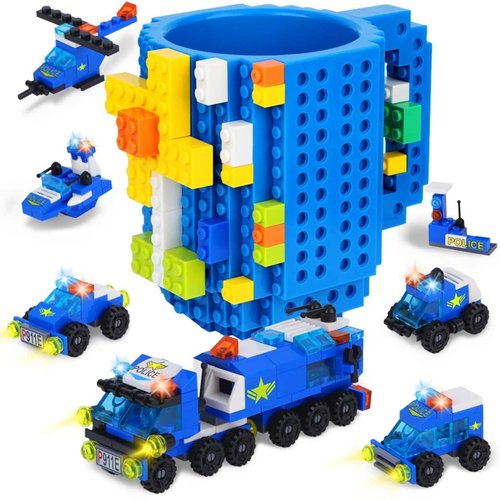 MIMAX Build-on Brick Mug with 180+ Pieces Building Blocks Toys Set for Kids Birthday (Blue-Upgrade)