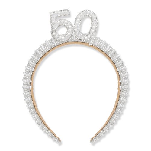 AMCAMI 50th Birthday Headband for Women Birthday Pearl Headband Beaded Headbands Gift Hair Accessory for Women 50th Rhinestone Headband for Women 50th Birthday Decorations