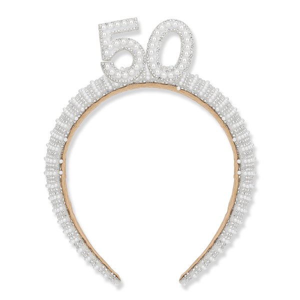 AMCAMI 50th Birthday Headband for Women Birthday Pearl Headband Beaded Headbands Gift Hair Accessory for Women 50th Rhinestone Headband for Women 50th Birthday Decorations