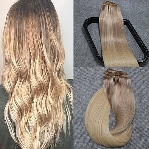 Hair Clip in Extensions Gloden Brown Bleach Blonde to Bleach Blonde Ombre Aison 18Inch 7pcs 120g Double Weft Human Sew in Hair