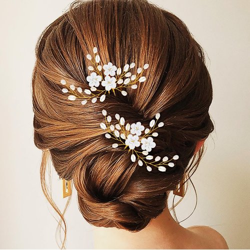 Foryysa Bridal Wedding Hair Pins for Women Gold Rhinestone Pearl Flower Headpiece Elegant Vine Leave Handmade Headwear Sparkly Design (2 pcs)