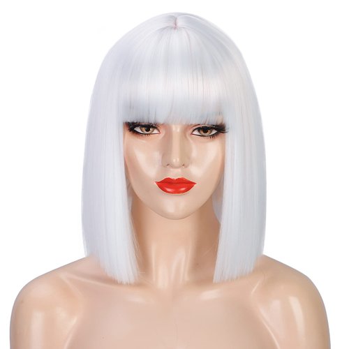 ENTRANCED STYLES Short White Wig With Bangs, Bob Wigs For Women Cosplay Wigs Heat Resistant Synthetic Wigs Party Halloween Cosplay Use