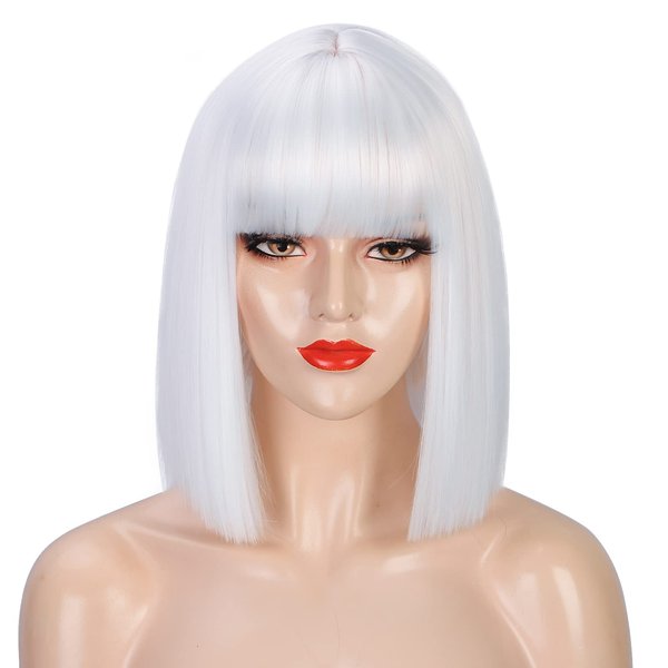 ENTRANCED STYLES Short White Wig With Bangs, Bob Wigs For Women Cosplay Wigs Heat Resistant Synthetic Wigs Party Halloween Cosplay Use