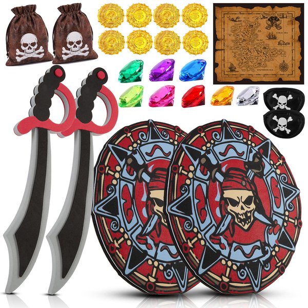 RICHNESS Kids Play Swords and Shields Foam Sword and Shield with Pirate Map and Treasures Toy Weapons for Kids Dress Up and Costumes Pack of 2 Players … …