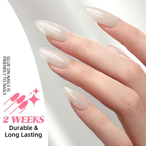 Almond Press on Nails Medium, French Tip Fake Nails Bright White Clear Glossy Nail Kit 24 PCS Includes Mini File, Jelly Glue Pad, Simple Atmosphere Nude Nails for Women