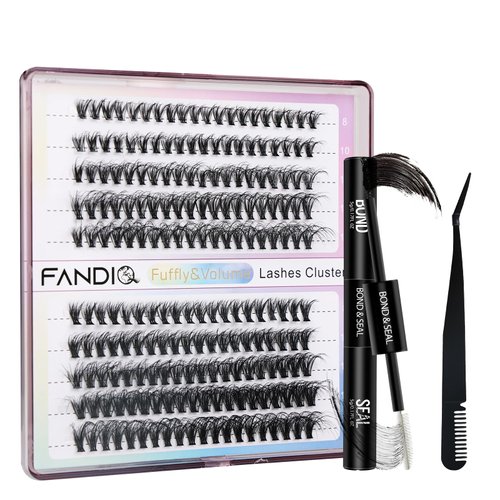 FANDIQ Cluster Lashes Extension Kit,200PCS Individual Eyelash Extension Kit 8-16MIX Fluffy DIY Lash Clusters D Curl Wisper Lashes Kit with Lash Bond and Seal Lash Tweezers for Self Use(30D&40D MIX)