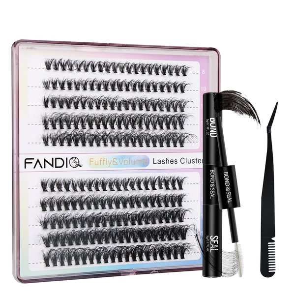 FANDIQ Cluster Lashes Extension Kit,200PCS Individual Eyelash Extension Kit 8-16MIX Fluffy DIY Lash Clusters D Curl Wisper Lashes Kit with Lash Bond and Seal Lash Tweezers for Self Use(30D&40D MIX)