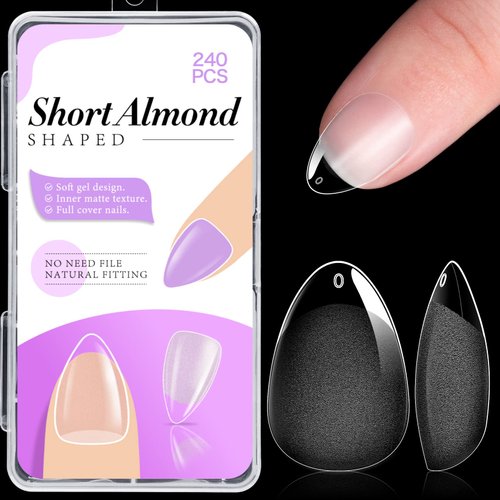 Ranrose Short Almond Nail Tips - 240pcs Small Almond Gel X Tips for Acrylic Nails Professional 12 Sizes Half Matte Full Cover Nails Tips Clear False Nails for Press On Nail Extension DIY Nail Salon
