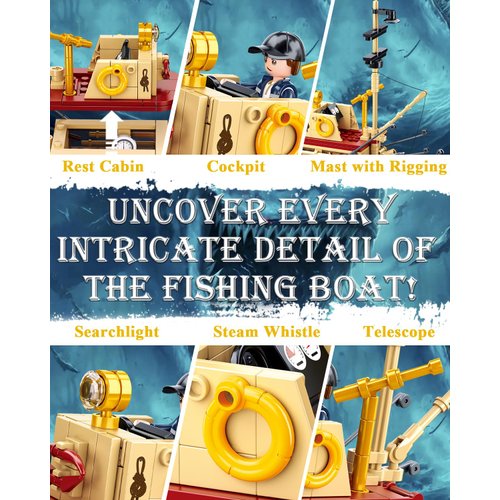 Sluban City Jaws Fishing Boat Building Sets with Shark Toys, Builder Boat Building Toys with 3 Fisherman Minifigures Suitable for Adult and Kids, Compatible with Lego Boat Ship, 592 PCS