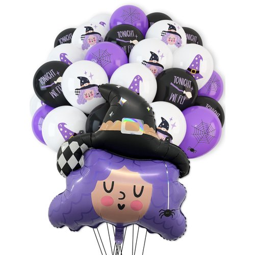 HOUSE OF PARTY Halloween Witch Foil Balloon - 50PCS Black White Purple Witch, Hat, Spider Web Latex Balloons for Kids Birthday Party Decorations, School Classroom Games, Kids' HandOut