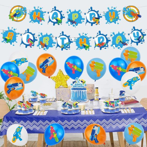 Water Gun Birthday Party Supplies Pool Birthday Party Supplies Set Water Gun Theme Birthday Party Decorations Include 1 Banner 1 Cake Topper 16 Balloons 24 Cupcake Topper