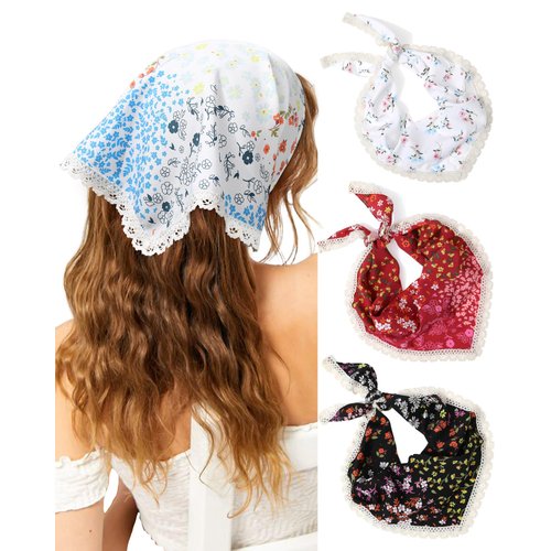 Molans 3Pcs Floral Head Scarf, Chiffon Hair Bandanas Kerchief, Vintage Boho Hair Scarf for Women Girls
