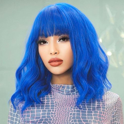 LOSMOEER Blue Wig with Bangs Short Wavy Wigs for Women Shoulder Length Curly Bob Wigs Heat Resistant Synthetic Wigs for Halloween Cosplay Daily Party Use
