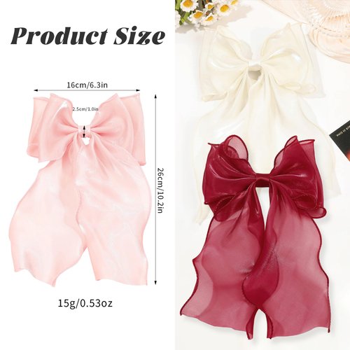 3Pcs Hair Bows for Women Big Bow Barrettes Girl's Silky Hairclips Long Ribbon Bow Hair Clips with Long Tails Vintage Hair Accessories for Women For Party (burgundy,white,pink)