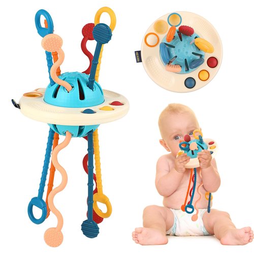 Baby Montessori Sensory Toy for Babies, Silicone Pull String Teething Toy, Baby Toys for 6-12-18 Months Newborn Boys and Girls (Blue)