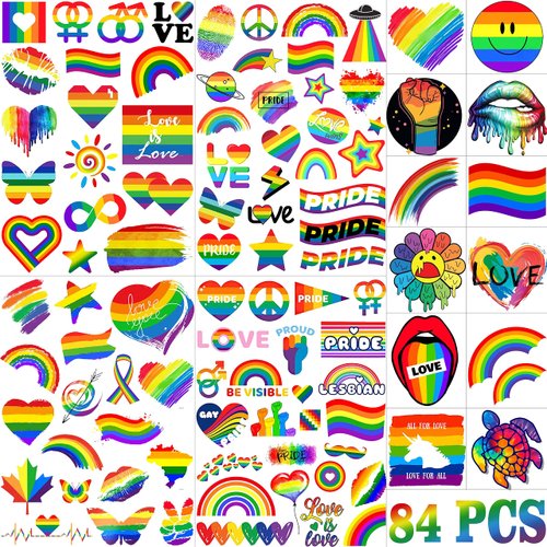 FANRUI 84+ PCS LGBT Gay Pride Temporary Tattoos For Women Men Adults, Rainbow Temporary Tattoos, Kids Pride Face Tattoos Stickers Body Art, Rainbow Pride Accessories Parades Celebrations Party Festivals