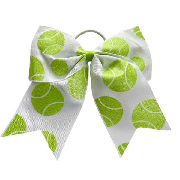 NEW "GLITTERY TENNIS BALL" Cheer Bow Pony Tail 7 Inch Girls Hair Cheerleading Baseball Game Team Sports Tournaments Grosgrain Ribbon