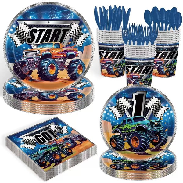 140Pcs Monster Truck Party Supplies Truck Tableware Set Buggy Theme Birthday Party Decorations Paper Plates and Napkins Baby Shower Party Truck Dinner Plates, Serve for for 20 Guests
