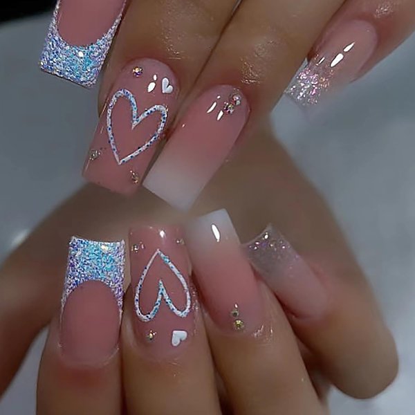 24 Pcs Spring French Tip Press on Nails Square Medium Fake Nails with Glue Glitter Love Heart False Nails Kit Full Nail Tips Reusable Stick on Nails Artificial Nails for Women Girls