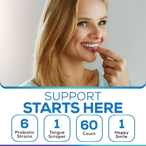 Oral Probiotics & Tongue Scraper for Bad Breath, Teeth & Gum Support - Oral Health & Fresh Breath Aid - 6 Probiotic Strains - BLIS M18 - Dental Probiotic for Teeth & Gums - 60 Mint Chewables Tablets