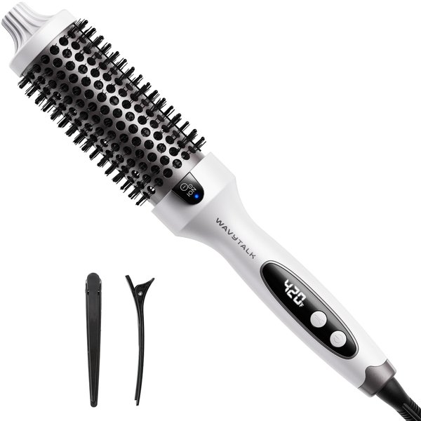 Wavytalk Thermal Brush, 1.5 inch Heated Round Brush for Blowout Look, Negative Ion Technology, Ceramic Tourmaline, 5 Temperature Settings, Dual Voltage, White