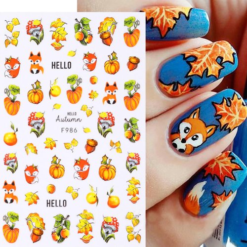 Fall Nail Art Sticker 3D Pumpkin Nail Stickers Autumn Maple Leave Nail Decals with Deer Mushroom ...
