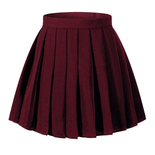Beautifulfashionlife Women`s School Uniform High Waist Pleated Skirts Solid Color(2XL,Wine Red)