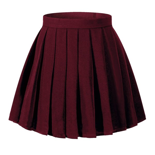 Beautifulfashionlife Women`s School Uniform High Waist Pleated Skirts Solid Color(2XL,Wine Red)