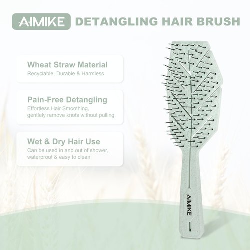 AIMIKE Detangling Hair Brush, Bio-Friendly Vented Detangler Brush w/Flex Soft Bristles, No Pull Detangling Brush for Curly Straight Hair, Wet & Dry Hairbrush Detangler for Women Men Kids, Green,1pcs