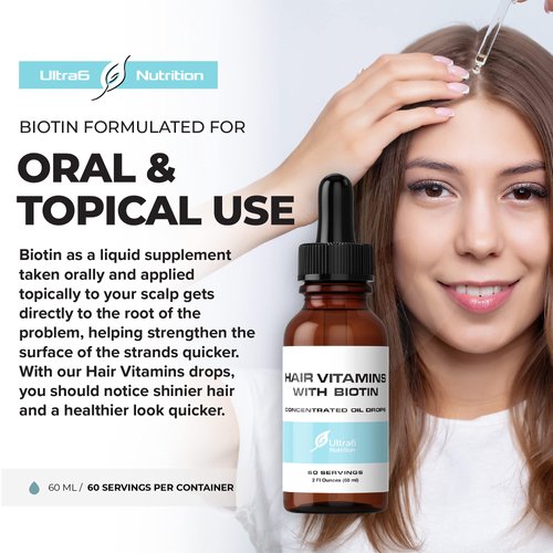 Liquid Biotin with Hair Vitamins, Vitamin C, Organic Coconut Oil, Vitamin E + Vitamin B6. For Hair Skin + Nails and Immunity Support. A Biotin Liquid + Hair Oil Supplement