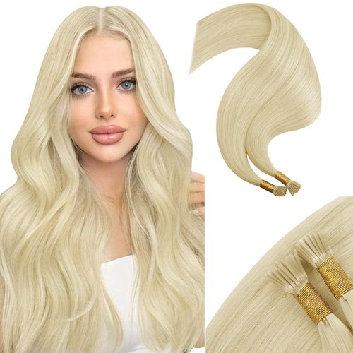 Moresoo Blonde Pre Bonded Hair Extensions Human Hair Blonde Itip Remy Hair Extensions 18 Inch Color #60 Platinum Blonde Stick Tipped Hair Extensions Thick Ends 40G 50S