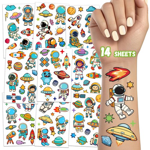 TatoYard Goodie Bags Stuffers for Kids, 14 Sheets Colorful Temporary Tattoos Stickers for Birthday Party Supplies, Party Toys Games for Boys Girls party favors Decorations (Astronaut)