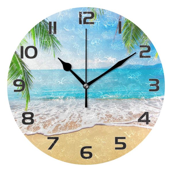 Qilmy Beautiful Palm Sea Beach Wall Clock Non Ticking Silent Art Decorative Round Clock for Living Room Kitchen Bedroom Office School