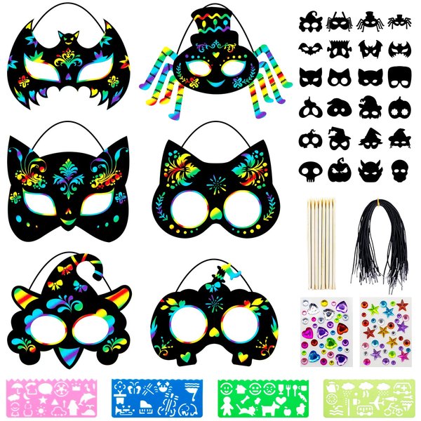 Diteryy 24PCS Halloween Rainbow Scratch Mask Art Craft Kit for Kids Magic Scratch Paper for Halloween Party Favors Presents Birthday Classroom Decoration Art Craft Kits